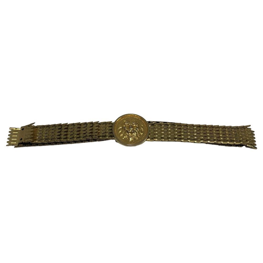 Vintage 90's Lion's Head Stretch Belt Gold Tone Medallion Scalloped Metal Scales